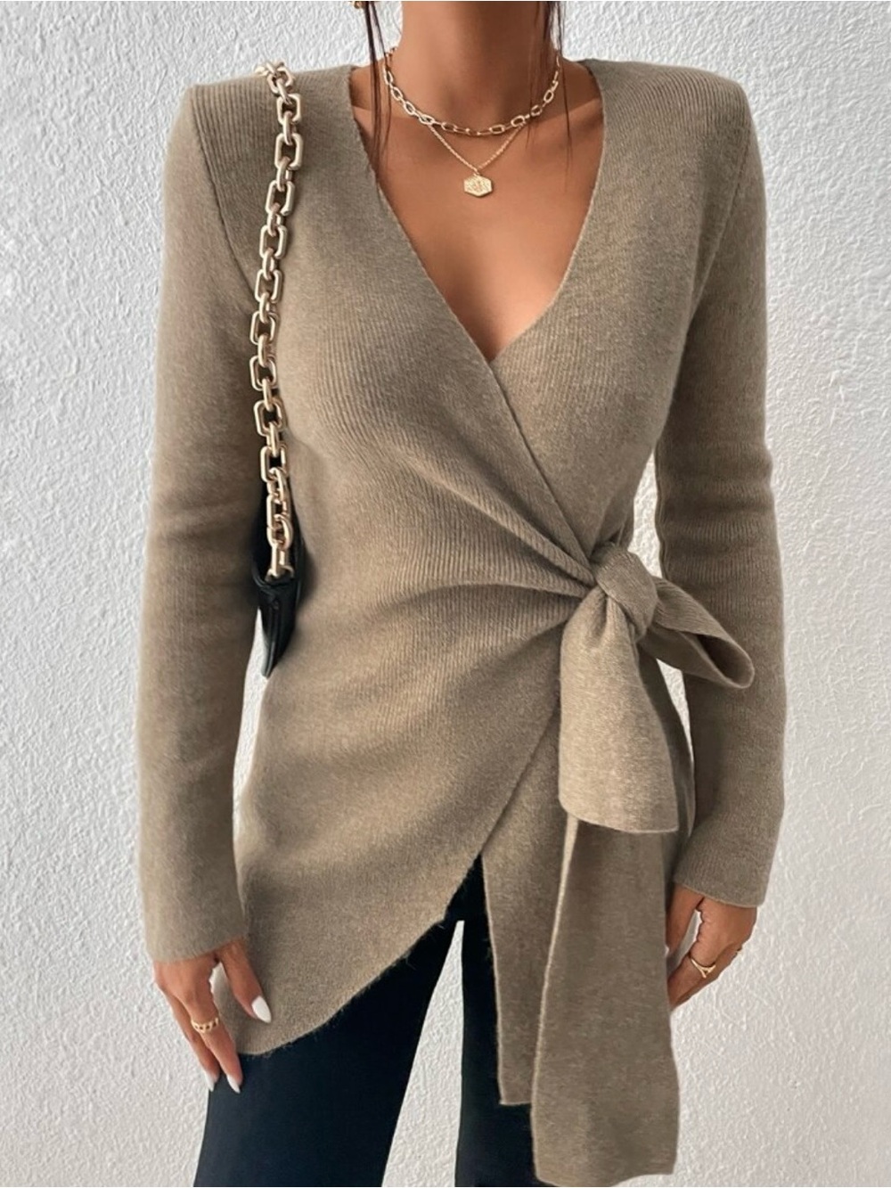 902. SHEIN Firerie Taupe/Tan Wrap Tie V-Neck Asymmetrical Sweater Large